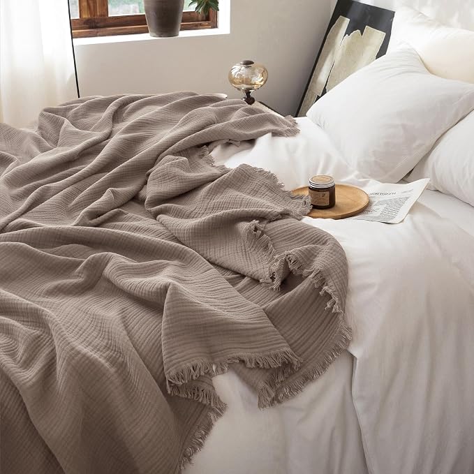 FOSSA Muslin Blanket: 4-Layer 100% Cotton Gauze Blanket with Fringe 98"x98" | Super Soft Breathable Lightweight All Season & Decorative Blanket or Bed, Sofa, Office (Pale Brown, Oversize Queen )