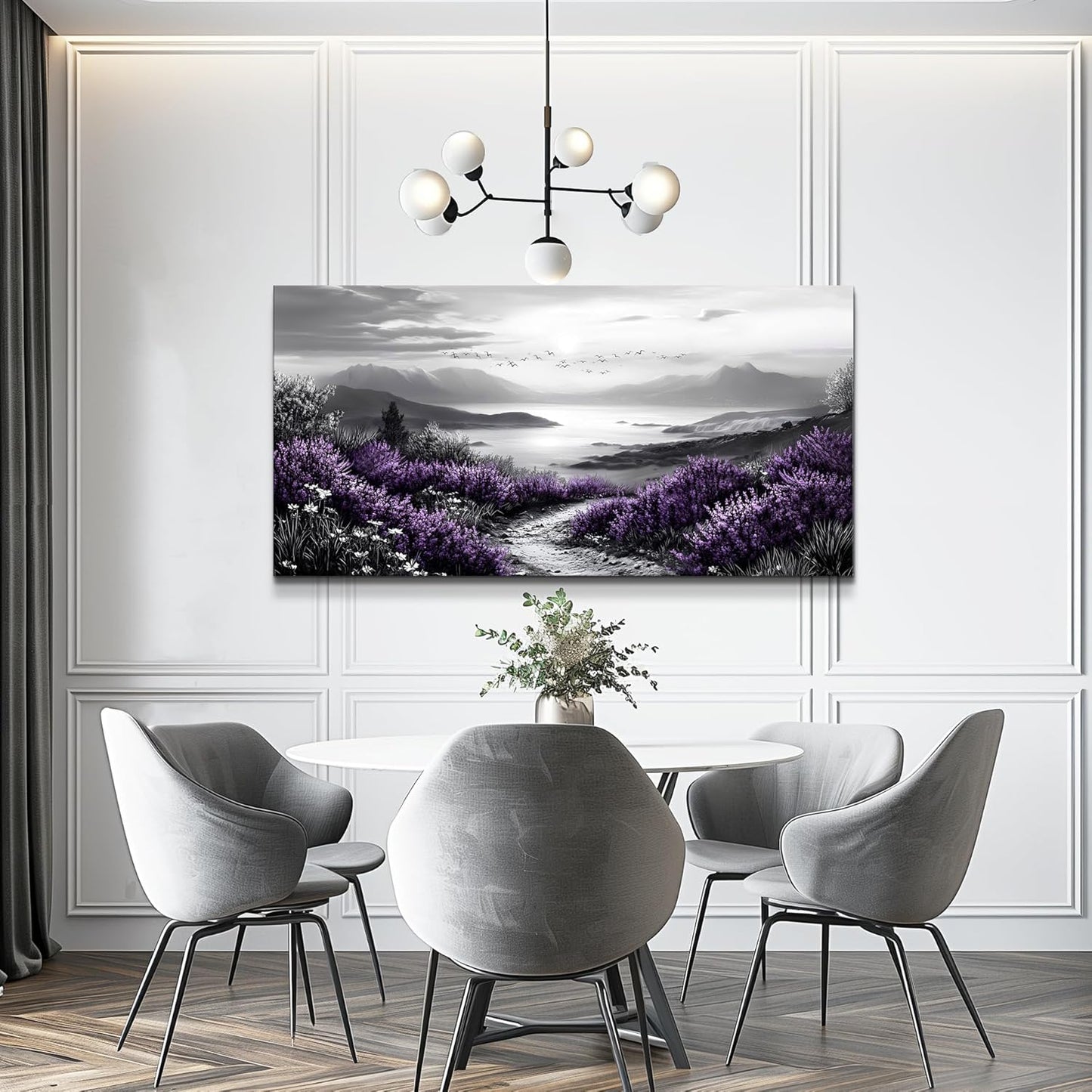 KELIYUAN Black And White Home Decoration Canvas Wall Art For Restaurant Natural Landscape Painting Printing Landscape Purple Grass Picture Suitable For Living Room Bedroom Office Wall Decor 20x40In