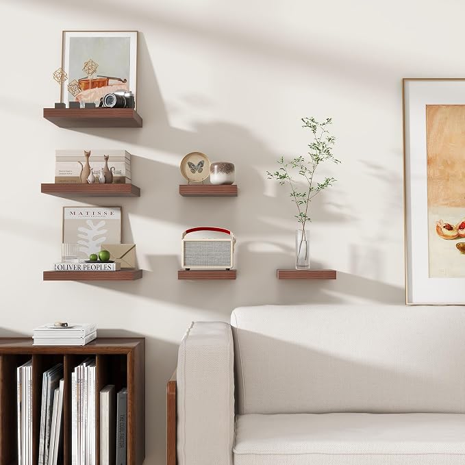 Venusmiles 8"x8" Square Floating Shelves for Wall, Walnut Finish, 3-Pack | Engineered Wood Wall Shelves with Invisible Brackets for Living Room, Bedroom, Bathroom, Office & Kitchen Storage