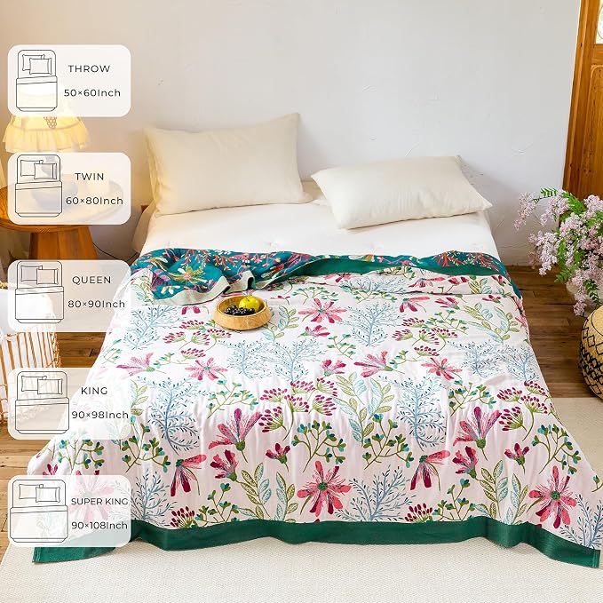 100% Cotton Boho Throw Blanket 90"x98" Oversized Reversible Botanical Summer Quilt for Queen Bed Sofa Couch 4-Layer Breathable Gauze Floral Muslin Blanket for Home Decor Gift White/Teal
