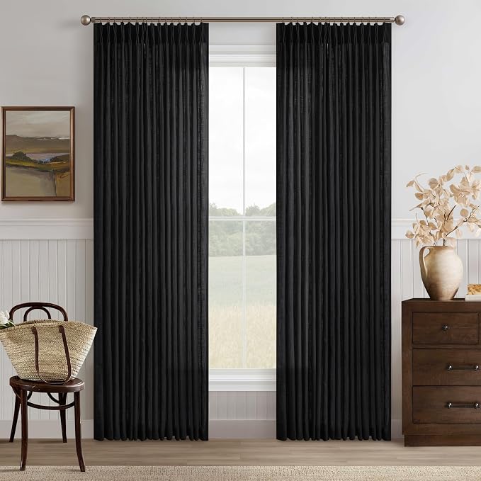 Black Linen Pinch Pleated Curtains 108 Inches Long 2 Panels for Living Room Bedroom Light Filtering Linen Drapes 108 Inch Length Back Tab Semi Sheer Memory Shape Trained Ceiling to Floor Curtain 9Ft