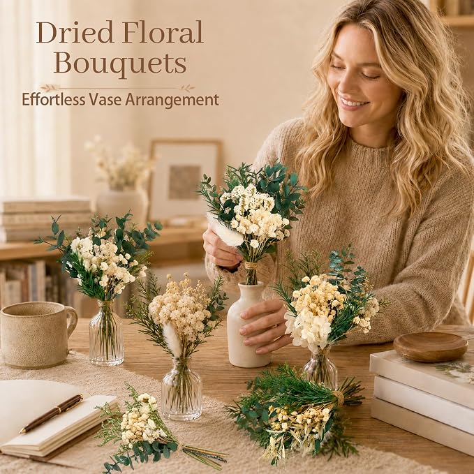 12/24PCS Handmade Dried Flower Bouquet with Stems Natural Dried Wildflowers 7.5 Inch Mini Dry Flowers for Vase Farmhouse Decor, Wedding Styling, Photography Props, Gift DIY(12pcs, Eucalyptus)