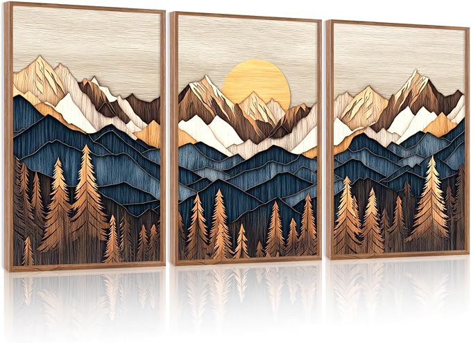 HOURIA 3Pcs Framed Boho Mountain Forest Sunrise Canvas Wall Art Set (16"x24"), Abstract Pine Tree Mountain Landscape Wall Decor, Mid Century Modern Nature Wilderness Scenery Art Print for Office Farmhouse Home