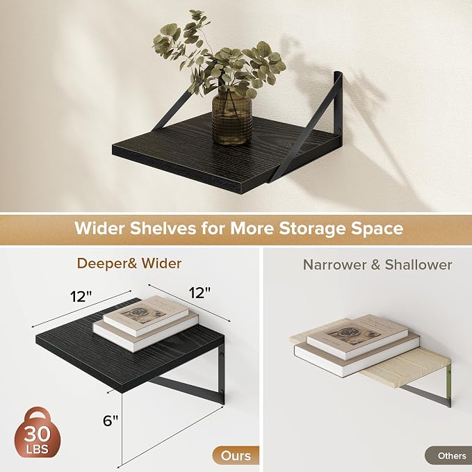 Acovy Deep Floating Shelves Wall Mounted, 12"x12" Black Wall Shelves with Brackets Set of 2 for Bedroom, Living Room, Bathroom, Kitchen, Office - Storage & Display Shelf for Decor, Books, Plants