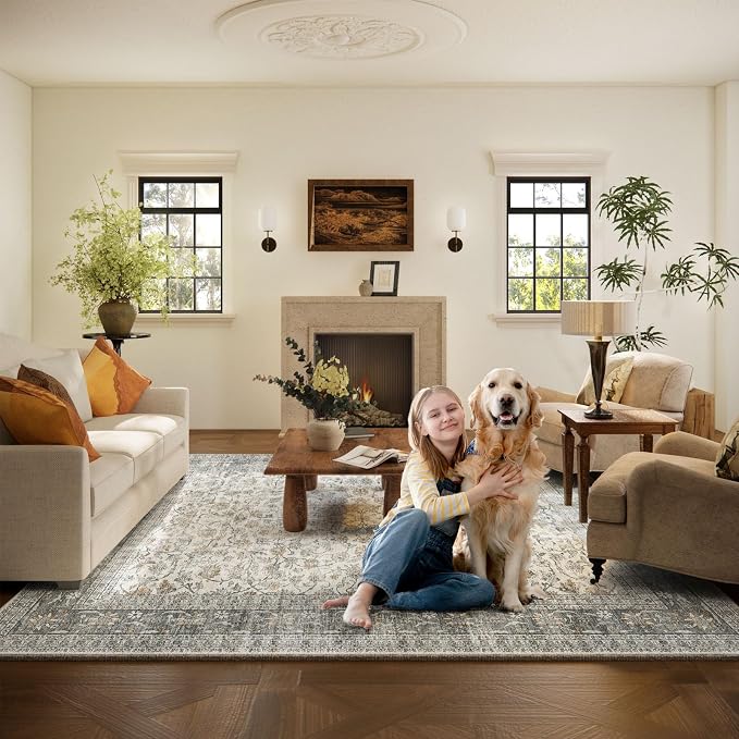 10x12 Large Rugs for Living Room: Washable Rug Stain Resistant Non Slip Distressed Vintage Rug Low Pile Faux Wool Soft Carpet for Bedroom Farmhouse Dining Room Kids Playroom Nursery