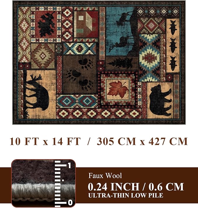 YIHOUSE Rustic Cabin Rugs for Living Room 10x14, Wildlife Bear & Deer Area Rug, Washable Southwestern Lodge Large Area Rug
