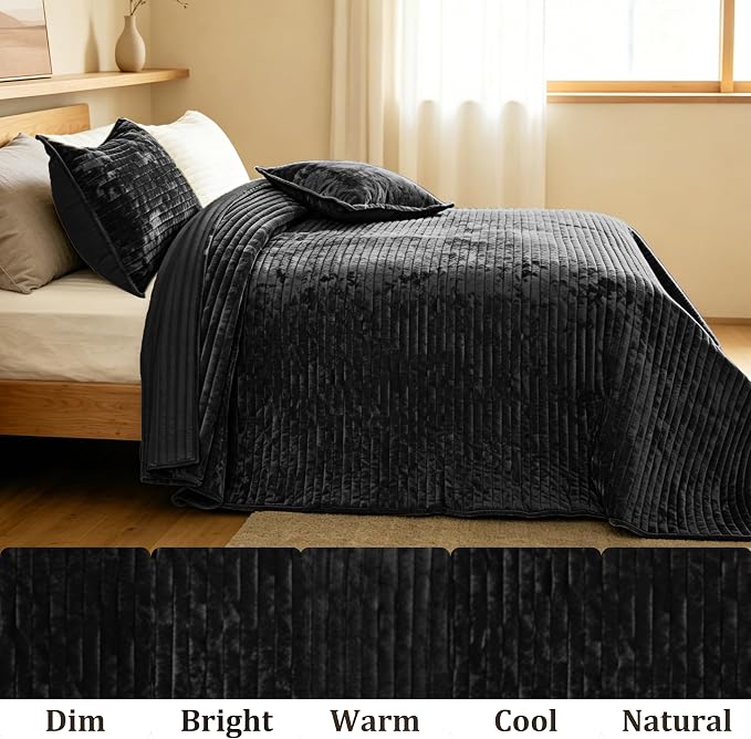 Luxury Velvet Oversized King 120x128 in Quilt Set 3 Piece Quilted Bedspread with 2Pillow Shams(20x36) Ultra Soft Coverlet All Season Bedding for Farmhouse Modern Bedroom Sofa,Black
