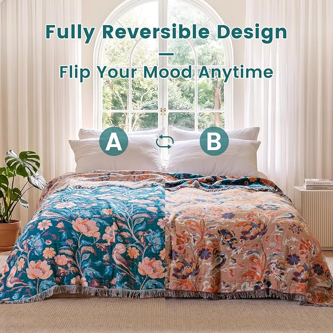 MSGKV Boho Throw Blanket for Bed 60"x80" Cotton Birds Floral Twin Size Couch Blanket Muslin Summer Breathable All Seasons Lightweight Farmhouse Blankets
