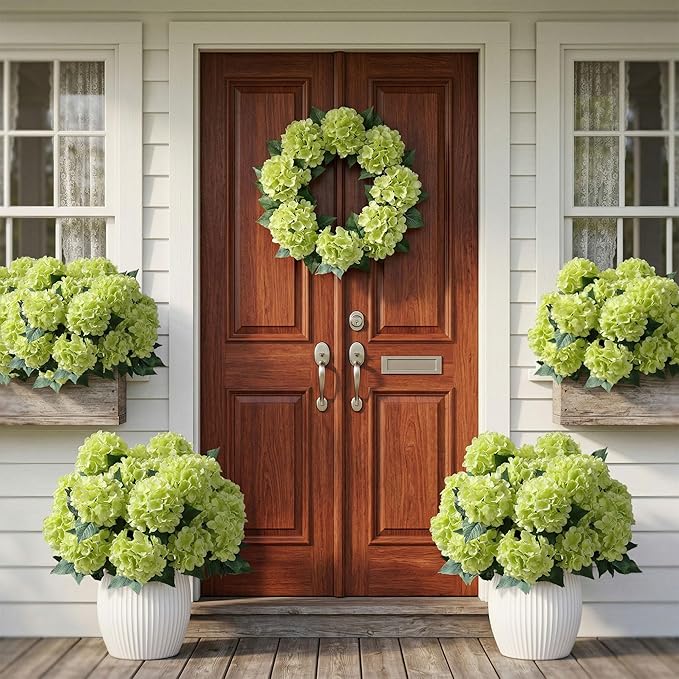 Ivydale Artificial Flowers for Outdoors, 4 PCS Green Fake Silk Hydrangea Flower Stems for Bouquets UV Resistant Realistic Faux Plants Home Outdoor Wedding Party Centerpieces Decor