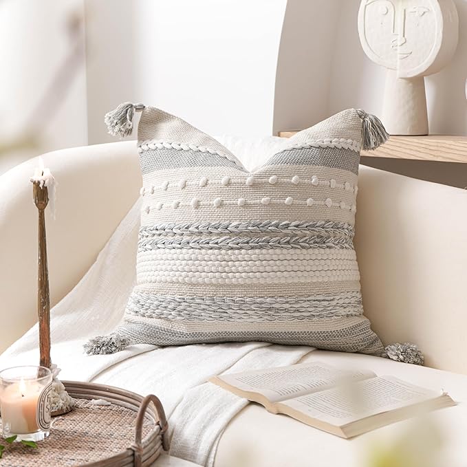 BlissBlush Gray Boho Decorative Throw Pillow Cover 22x22 Square Farmhouse Accent Cushion for Couch Sofa Livingroom Bedroom Pillowcase Modern Home Décor (Pack of 1)