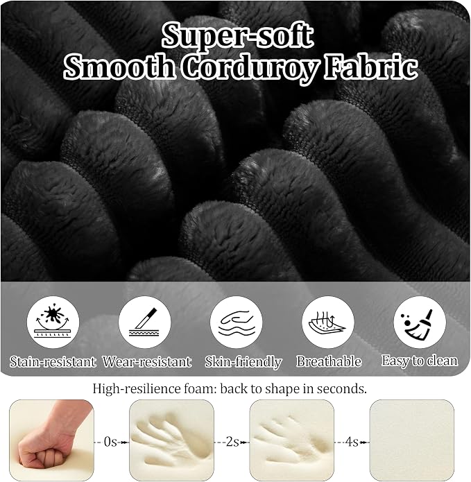 37.4'' Plush Fluffy Corduroy Ottoman for Boneless Couch in a Box, Modern Compressed Sofa, Small Comfy Rectangle Couch for Living Room, Bedroom, Black, (Ottoman)