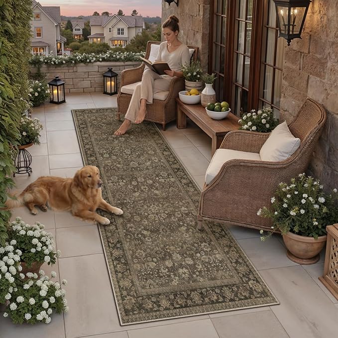 HUGEAR 2x6 Indoor/Outdoor Runner Rug Brown Linen-Look Fabric Vintage Area Rug High Traffic Stain Resistant Easy Clean Durable Rugs for Kitchen Hallway Entryway Balcony Porch Garden Courtyard
