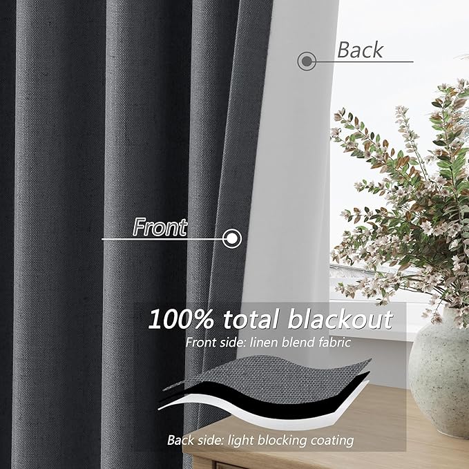 Guken 100% Blackout Curtains 90 Inch Length 2 Panels Set for Living Room Bedroom Back Tab Thermal Insulated Black Out Linen Drapes Room Darkening Blazer Grey,52x90