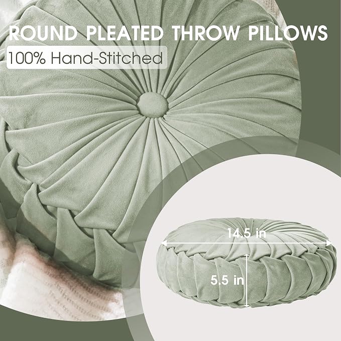 ROSE&RISY Round Pleated Velvet Throw Pillow, 1 Pack Decorative Accent Pumpkin Pillow Cushion for Couch Sofa Bed, Soft Plush Retro Vanity Throw Pillow for Home Decor, 14.5 Inch, Sage Green
