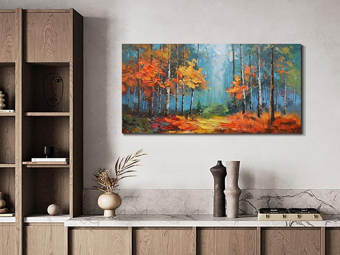 Arjun Nature Wall Art Landcape Canvas Forest Painting, Textured Reddish Forest Framed Artwork Large Picture Living Room Bedroom Dining Room Kitchen Home Office Wall Decor 40"x20"