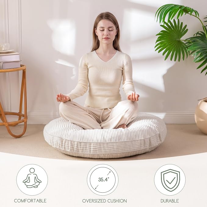 HIGOGOGO 35" Floor Pillow Cushion for Adults, Meditation Cushion Pillow, Extra Large Square Floor Sitting, Tufted Corduroy Cover for Tatami Living Room or Yoga, Beige