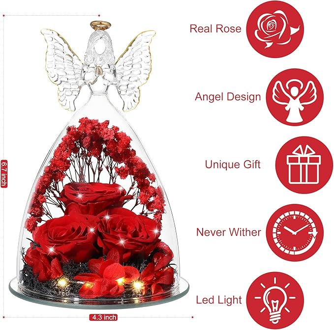 Mothers Day Rose Gifts for Women Preserved Real Flower in Glass Angel Figurines Roses for Delivery Prime Birthday Gifts for Mom Grandma Girlfriend Wife Her, Crystal Red