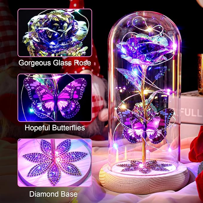 Beferr Birthday Gifts for Women Galaxy Glass Rose Forever Preserved Flowers for Delivery Light Up Rose in Glass Dome Mothers Day Butterfly Gifts for Mom Wife Grandma Her Daughter Girlfriend