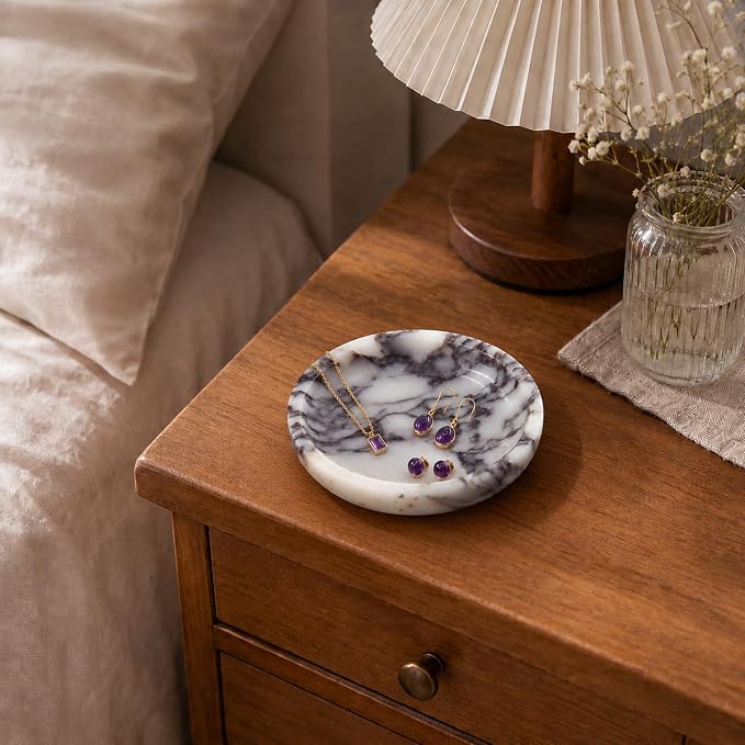 Small Natural Marble Jewelry Tray Key Plate Holder Dish Trinket Decor Catch All Bowl for Ring Earring Stone Gift for Women Daugther,Calacatta Viola,5.5"