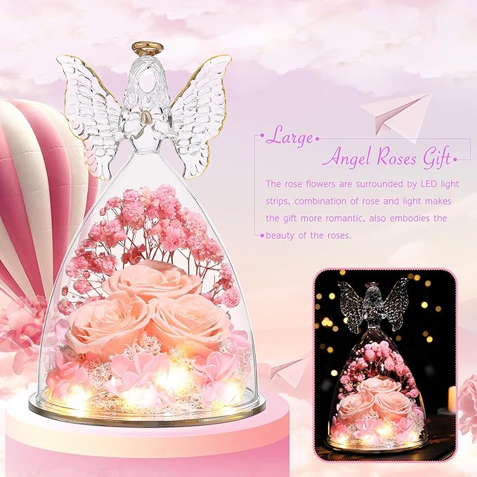 Mothers Day Rose Gifts for Women Preserved Real Flower in Glass Angel Figurines Roses for Delivery Prime Birthday Gifts for Mom Grandma Girlfriend Wife Her, Champagne