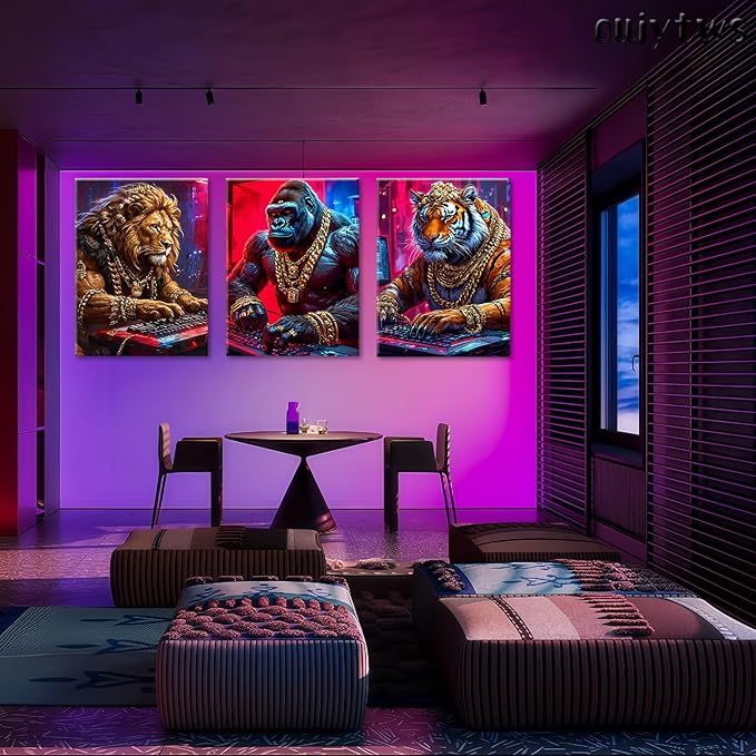 Animal & Tech-Inspired Wall Art Prints-Vibrant Tiger,lions Gorilla & Game Design Poster,Cyberpunk neon Electronic Game Style Painting Canvas Picture,for Boy Teen Men Bedroom Playroom, Framed 16X24inX3