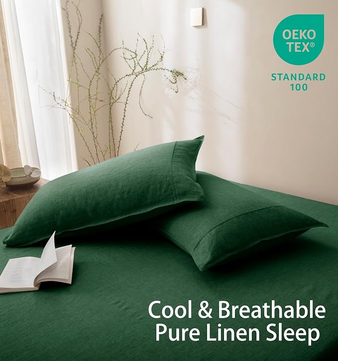 Talasily 100% French Linen Pillow Case Standard Size Set of 2,Oeko-TEX Certified Stone Washed Flax Pillow Shams with Envelope Closure - Breathable & Cooling for Hot Sleepers（Forest Green,20''x26''）