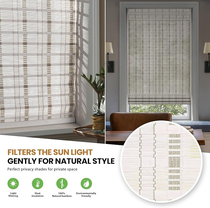 LazBlinds Cordless Bamboo Roman Shades for Windows, 23'' W x 60'' H | Natural Light Filtering Bamboo Window Blinds, Bamboo Blinds for Bedroom Living Room Office Indoor