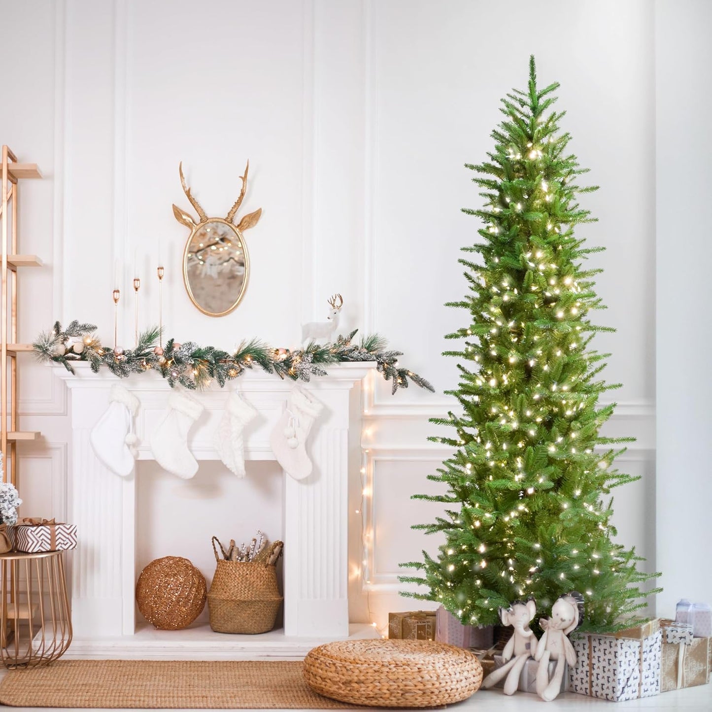 Fraser Hill Farm 9-Ft. Carmel Pine Slim Artificial Christmas Tree with White Incandescent Smart Lights and Stand, Prelit Foldable Fake Tree with Realistic Foliage for Home Decoration