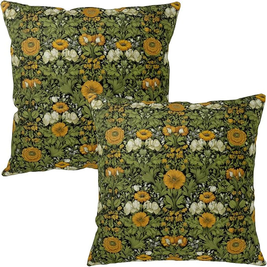 Dark Green Plant Floral Pillow Covers 24x24 Sage Green Botanical Throw Pillow Covers Fern Leaf White Orange Flowers Pillowcase Vintage Wildflower Cushion Case for Couch Sofa 2 Pack