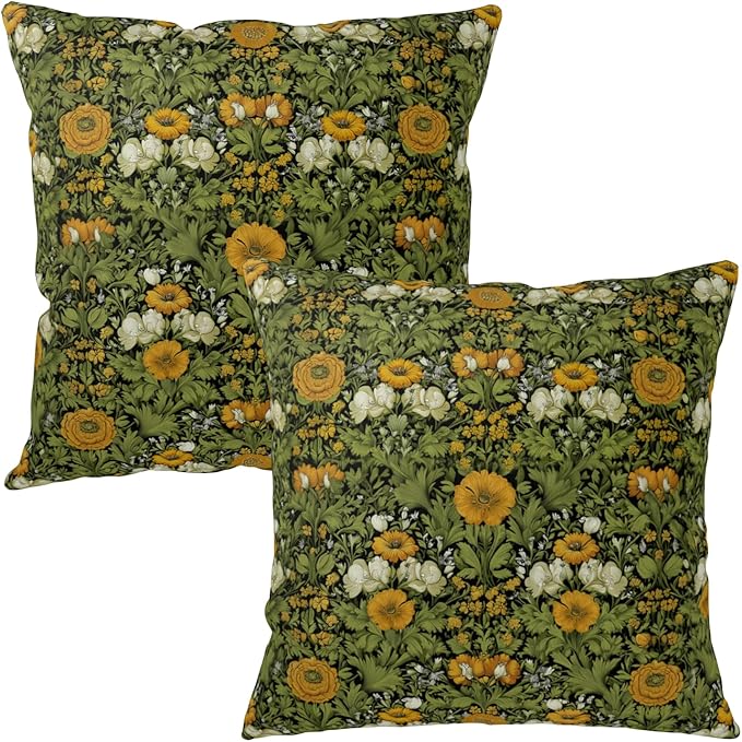 Dark Green Plant Floral Pillow Covers 20x20 Sage Green Botanical Throw Pillow Covers Fern Leaf White Orange Flowers Pillowcase Vintage Wildflower Cushion Case for Couch Sofa 2 Pack