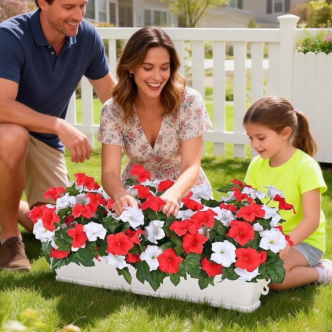 MARTINE MALL Artificial Flowers for Outdoors, 4 Bundles Realistic Fake Outdoor Flowers, UV Resistant Silk Petunia Flower for Outside Look Real Faux Flower Plants for Outdoor Porch Decor, Red White