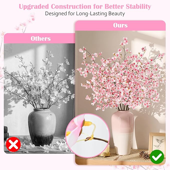 Uieke Silk Cherry Blossom Branches, 40.5in Artificial Cherry Blossom Flowers Long Stems Fake Flowers Vase Arrangements for Wedding Home Japanese Decor, Set of 8, Pink
