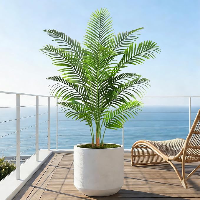 Artificial Palm Tree Indoor Plant 5FT Tall Fake Tropical Palm Tree in Pot, Real Bark Design Faux Areca Palm Tree for Home Office Living Room Bedroom Farmhouse Modern Outdoor Topiary Tree
