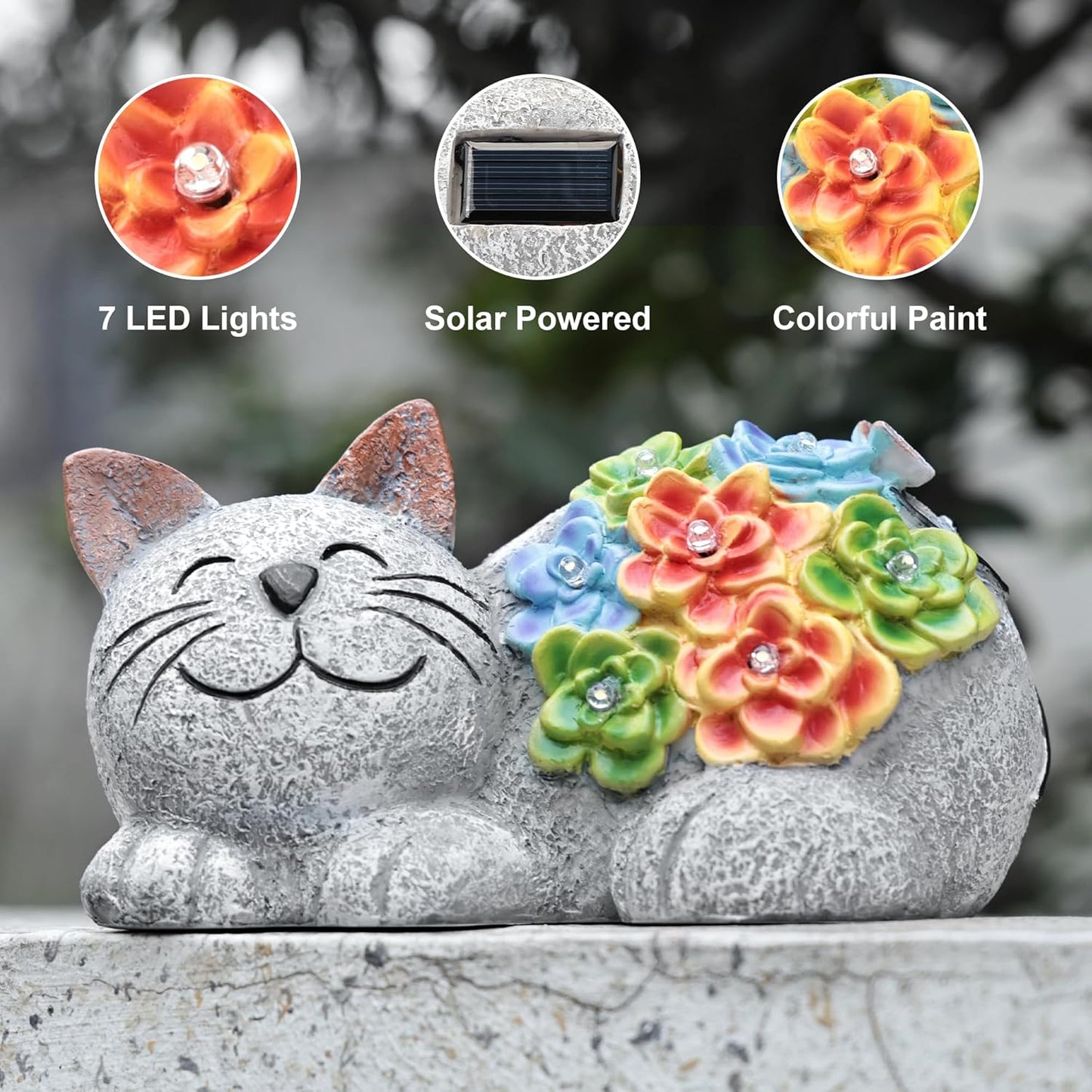 Otdair Solar Garden Decor Cat, Cat Lover Gifts with Succulent and 7 LED Lights for Outside,Outdoor Solar Lights for Yard, Garden and Patio, Unique Gift for Women