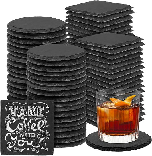 72 Pieces Slate Coasters, Diameter Size 4 inch Black Coasters Stone Coaster Set, Perfect for use in Your Home, Office, Kitchen,bar,Christmas or Anywhere.（36 Square Pieces+36 Round Pieces）