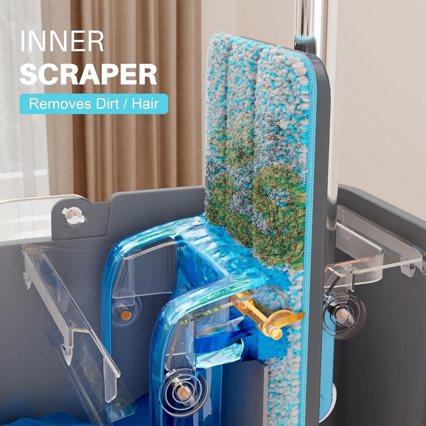 JOYMOOP Mop and Bucket Set with Wringer, with 3 Reusable Microfiber Mop Pads, Mops for Floor Cleaning and Wall Cleaning, Hands-Free Flat Mop for Home Use - Grey+Cyan Blue