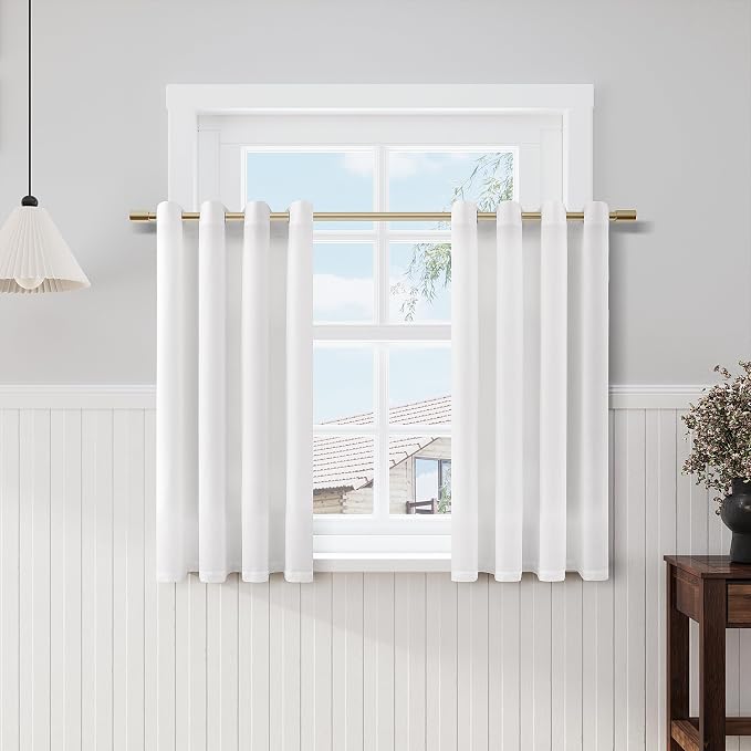 Nanspring White Linen Short Curtains 45 Inch Length 2 Panels Set Grommet Soft Textured Cafe Kitchen Privacy Curtain Semi Sheer Light Filtering Neutral Drapery for Bathroom Bedroom Small Windows 52x45