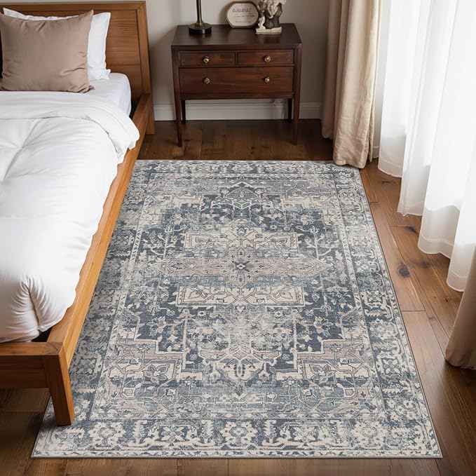 Rugxara 4x6 Rug for Living Room Bedroom, Blue Washable Throw Rugs, Vintage Retro Boho Area Rugs, Non Slip & Low Pile Accent Throw Carpet for Indoor Dining Room, Kids Room and Office(Blue 4x6ft)