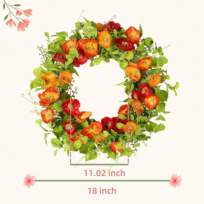 YNYLCHMX 18" Spring Summer Wreaths for Front Door, Artificial Floral Wreath with Poppy Flowers Green Tea Leaves, Green Foliage Wreath for Wall Window Farmhouse Party Holiday Home Decor