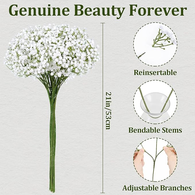 100 Pcs Babys Breath Artificial Flowers, Baby Breath Flowers Artificial Bulk, Real Touch White Fake Flowers, Faux Babies Breath Gypsophila for Wedding Home Decor Floral Arrangement