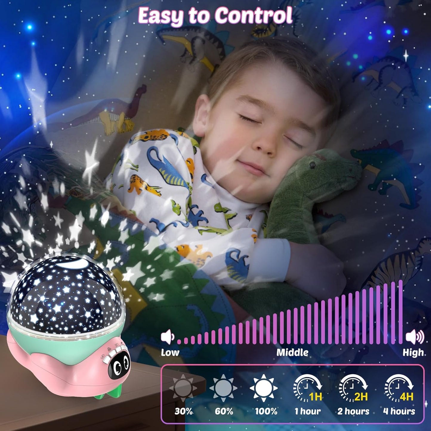 Dinosaur Night Light Projector for Kids Pink Dino Toys for Boys, Star Night Lights with Music and Timer, 17 Mode Color Changing Lamp with Remote, Christmas Birthday Gift for Baby Girl Boy