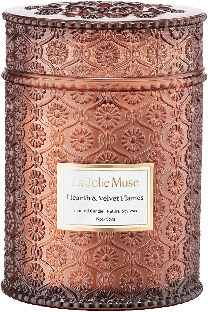 LA JOLIE MUSE Hearth & Velvet Flames Scented Candle for Home, 19 oz Soy Wax | Fireside Candle, Christmas Winter Festive Decoration, Luxury Red Jar Candle, Clean Non Toxic, Gift for Women & Men, Wood Wick