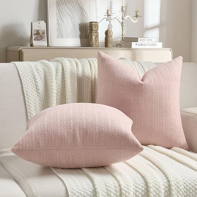 FUTEI Pink Chenille Throw Pillow Covers 18x18 Inch Set of 2,Soft Striped & Diamond Textured Cushion Cases,Modern Home Decor for Couch Living Room