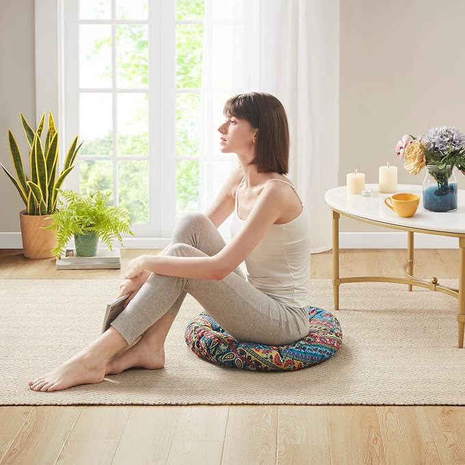 Codi Meditation Floor Pillow, Boho Pillows Seating for Adults and Teens, Large Cushion for Yoga Living Room Tatami Sitting, Memory Foam Added, 22x22 Inch Pack of 2, Round - Multi Blaidiere