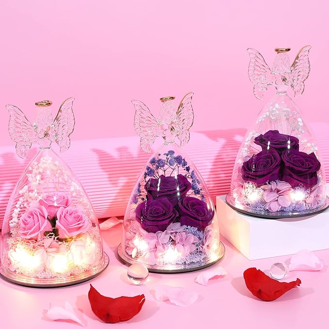 Mothers Day Mom Gifts for Women Preserved Flowers in Glass Angel Forever Flowers Gifts Eternal Roses Gifts for Grandma - Pink