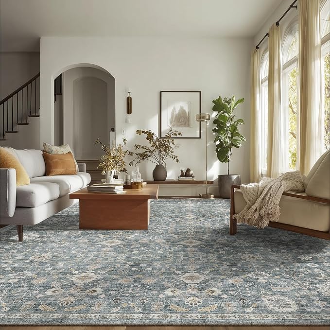 Washable Rugs for Living Room: 9x12 Area Rugs for Bedroom Ultra Soft Non-Slip Stain Resistant Vintage Boho Large Carpet for High-Traffic Dining Room - Farmhouse Decor