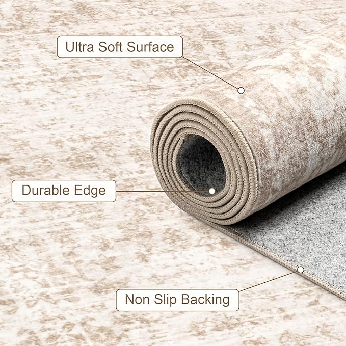 Area Rugs 9x12 Living Room Rug: Washable Rug Soft Vintage Boho Carpet Indoor Floor Non-Slip Stain Resistant Large Carpets for Bedroom Dining Room Farmhouse Nursery Home Office Beige