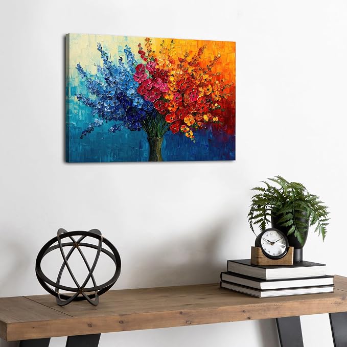 Colorful Flower Wall Art Teal Red Orange Wildflower Painting Abstract Texture Botanical Picture Canvas Prints for Living Room Floral Poster Modern Framed Artwork Bathroom Bedoom Home Decoration 12x16