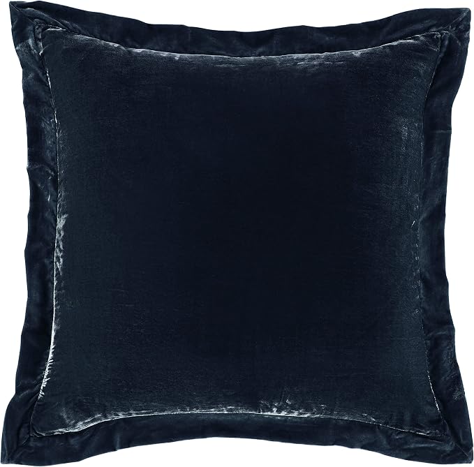 HiEnd Accents Stella Faux Silk Velvet Flanged Euro Sham Pillow Cover, 27x27 inch, Midnight Blue, Romantic Western Modern Traditional Style Luxury Bedding