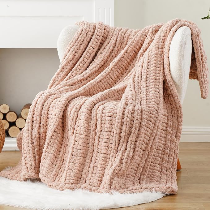 Battilo Chunky Knit Throw Blanket for Couch, 50"x60", Pink | Hand Knit, Gift Blanket for Girls, Women, Cozy Warm Thick Soft Chenille Throw Blanket for Chair, Sofa, Living Room